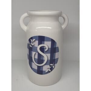 Blue Gingham Farmhouse Utensil Canister Kitchen Vase Jug Decor Initial S